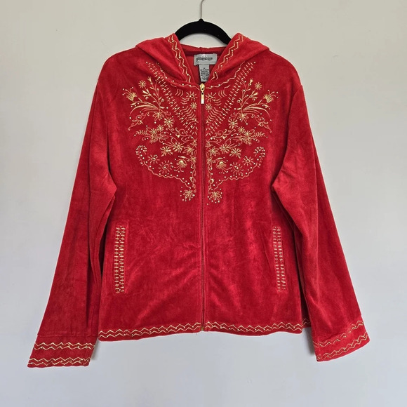 GLITTERSCAPE Velour Red Gold Embroidered Hooded‎ Christmas Sweater 1X 90s Y2K - Picture 1 of 8